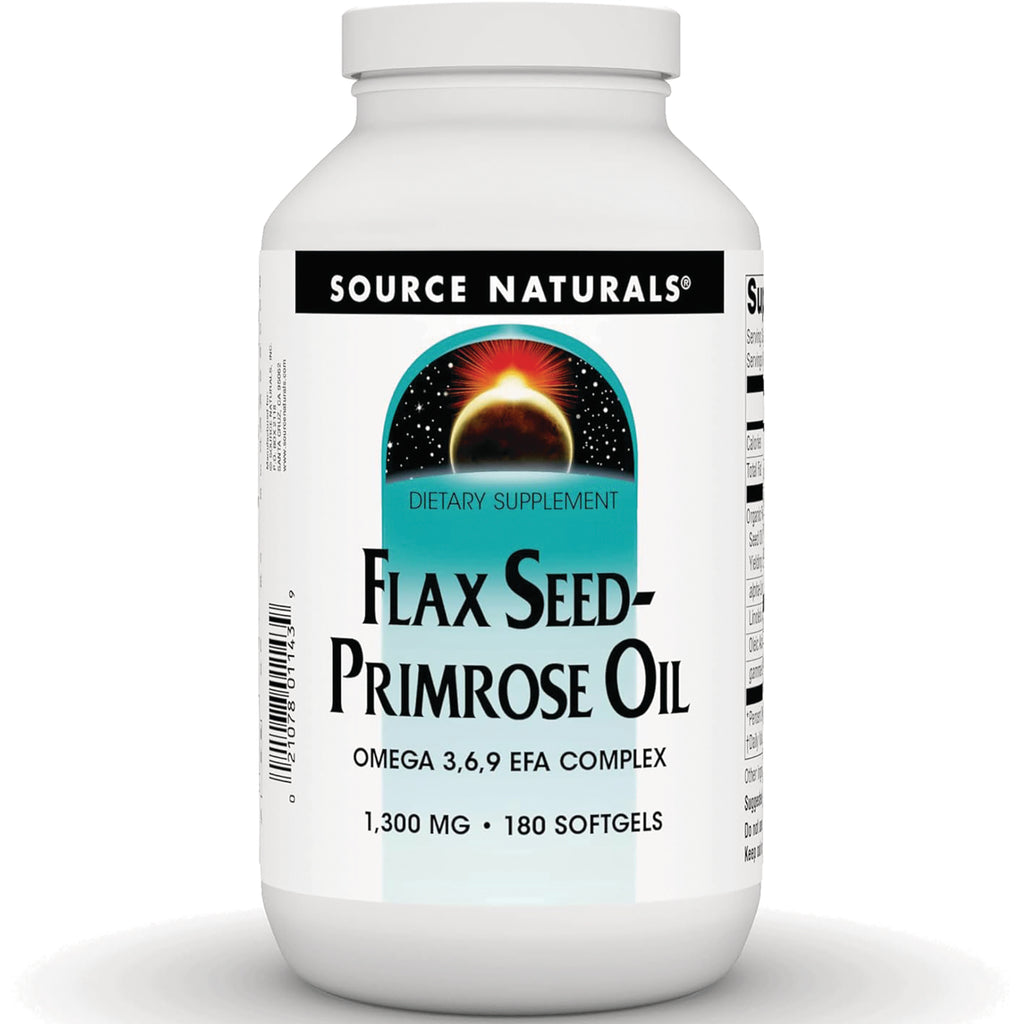 SN768 | Source Naturals Flax Seed-Primrose Oil supplement bottle, Omega 3 6 9 EFA Complex, 1300 mg, 180 softgels - Thumbnail