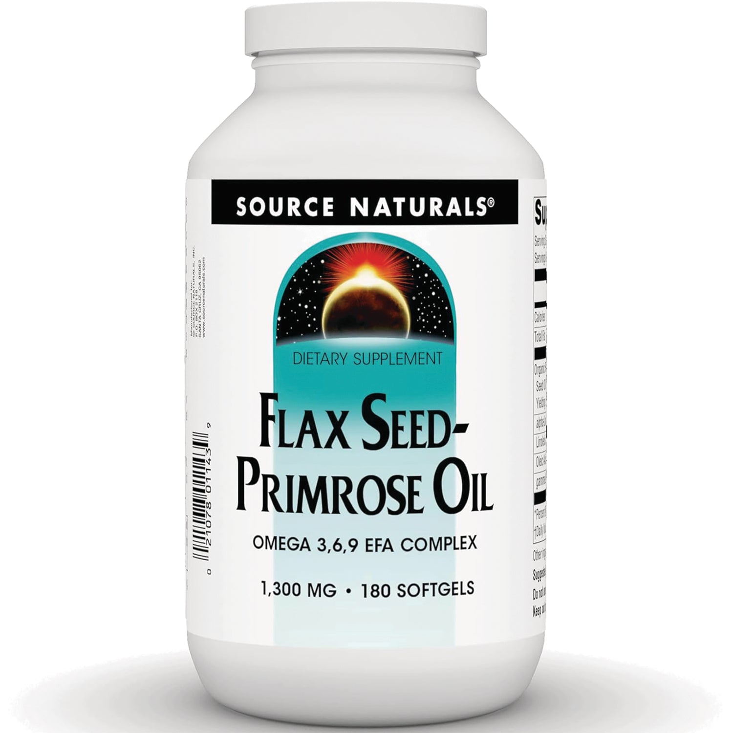 SN768 | Source Naturals Flax Seed-Primrose Oil supplement bottle, Omega 3 6 9 EFA Complex, 1300 mg, 180 softgels