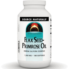 SN768 | Source Naturals Flax Seed-Primrose Oil supplement bottle, Omega 3 6 9 EFA Complex, 1300 mg, 180 softgels