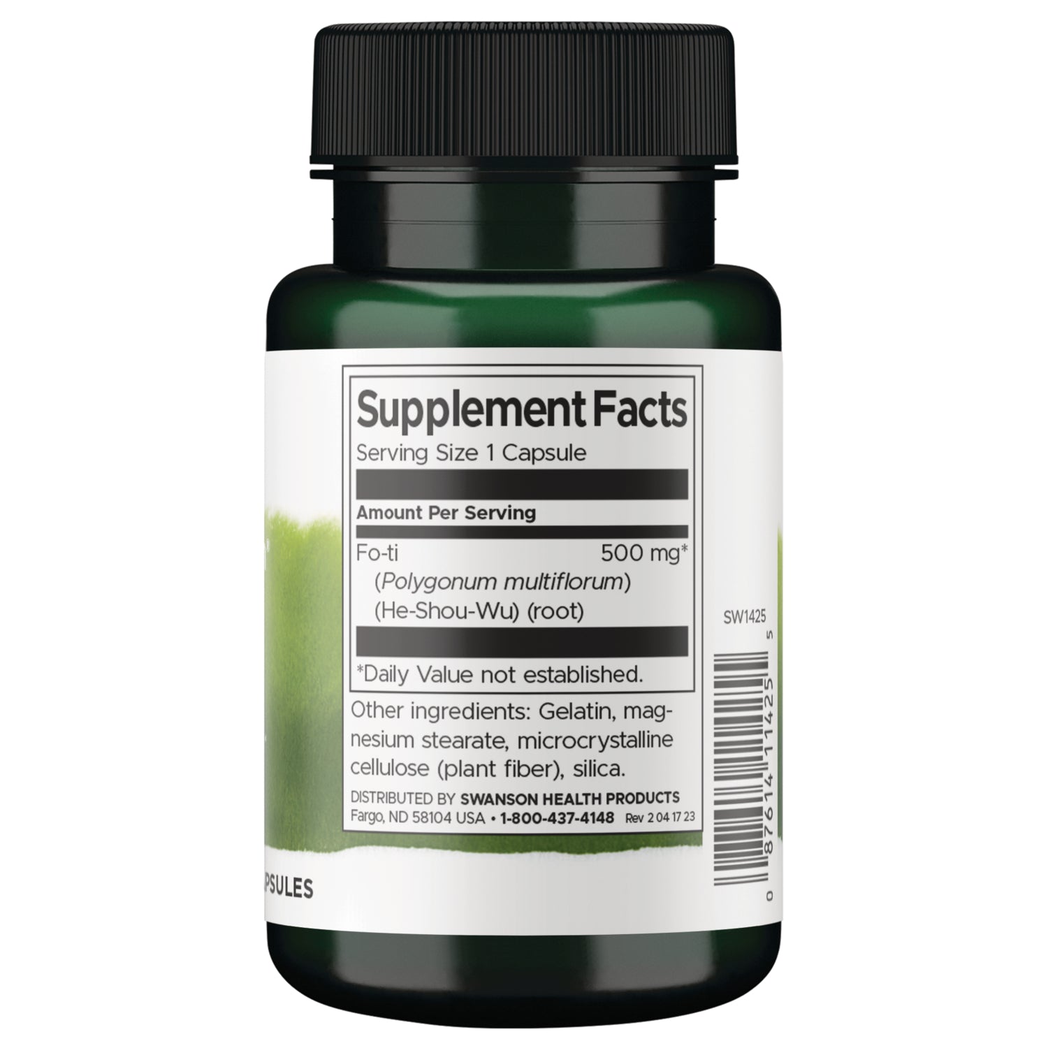 SW1425 | Back label with supplement facts and serving size information