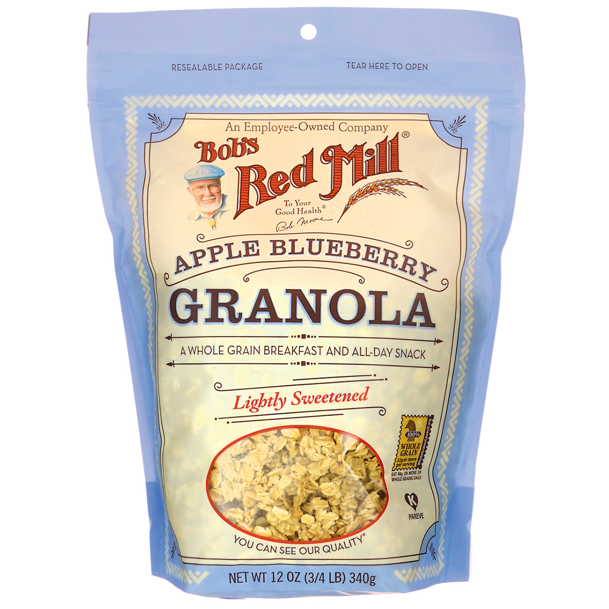BOB144 | Bob's Red Mill Apple Blueberry Granola front resealable bag with visible granola and Lightly Sweetened label