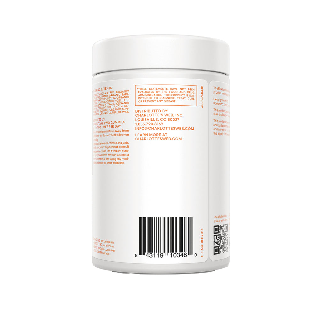 RE001 | Back of white supplement jar with barcode, ingredients and distributed by Charlotte's Web contact details - Thumbnail