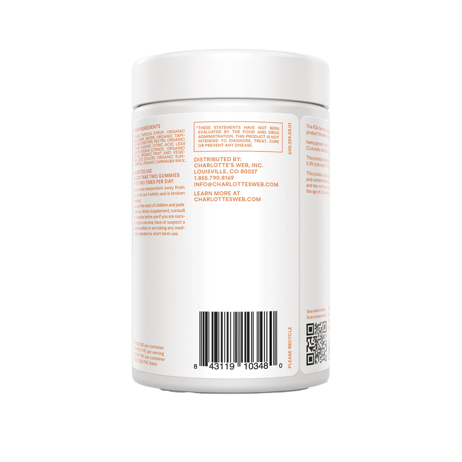 RE001 | Back of white supplement jar with barcode, ingredients and distributed by Charlotte's Web contact details