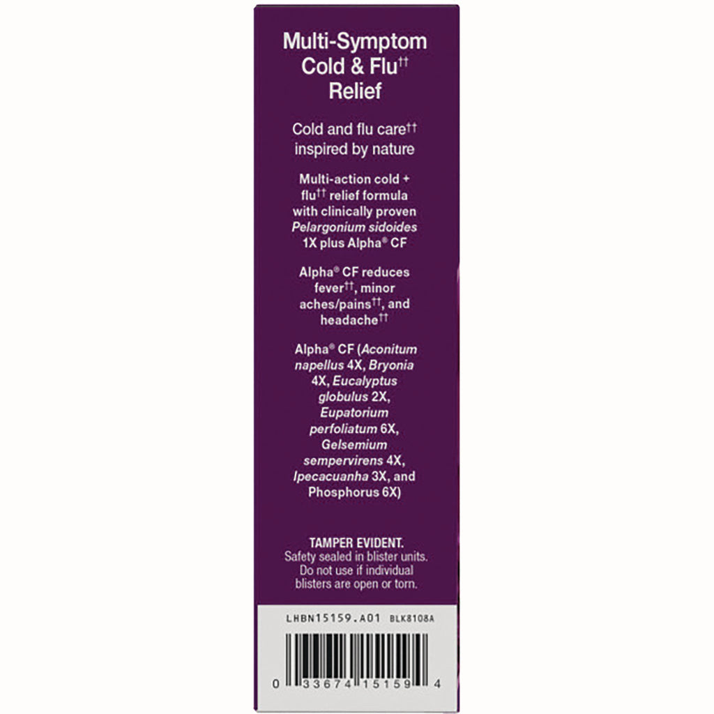 NW647 | vertical product panel listing Multi-Symptom Cold & Flu relief claims, ingredients, tamper evident notice and barcode - Thumbnail
