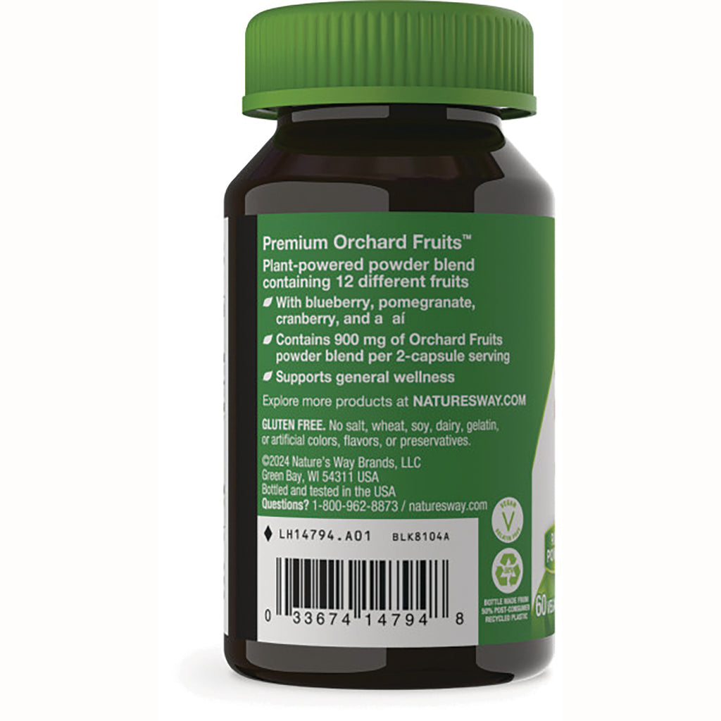 NW560 | Back label of supplement bottle showing Premium Orchard Fruits description, gluten free statement, and barcode - Thumbnail