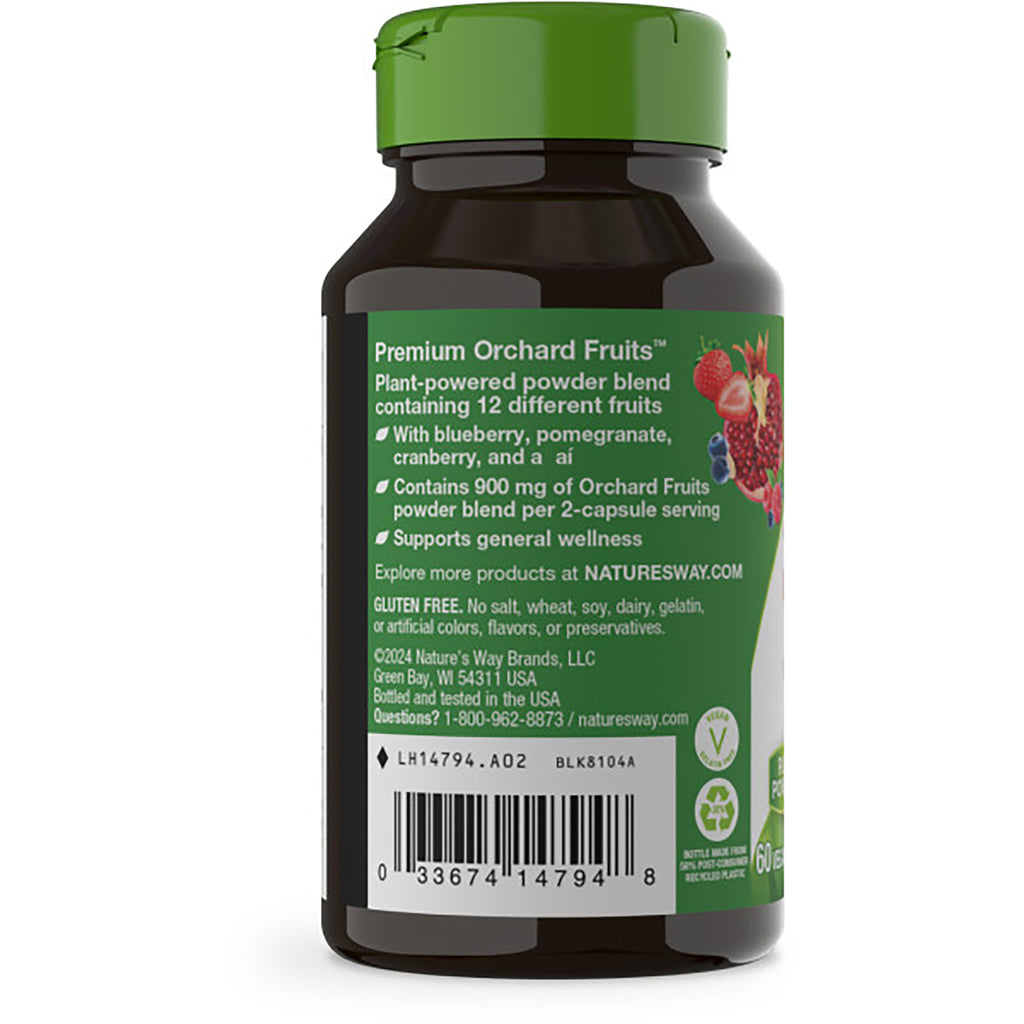 NW560 | Back label of supplement bottle showing Premium Orchard Fruits description, gluten free statement, and barcode - Thumbnail