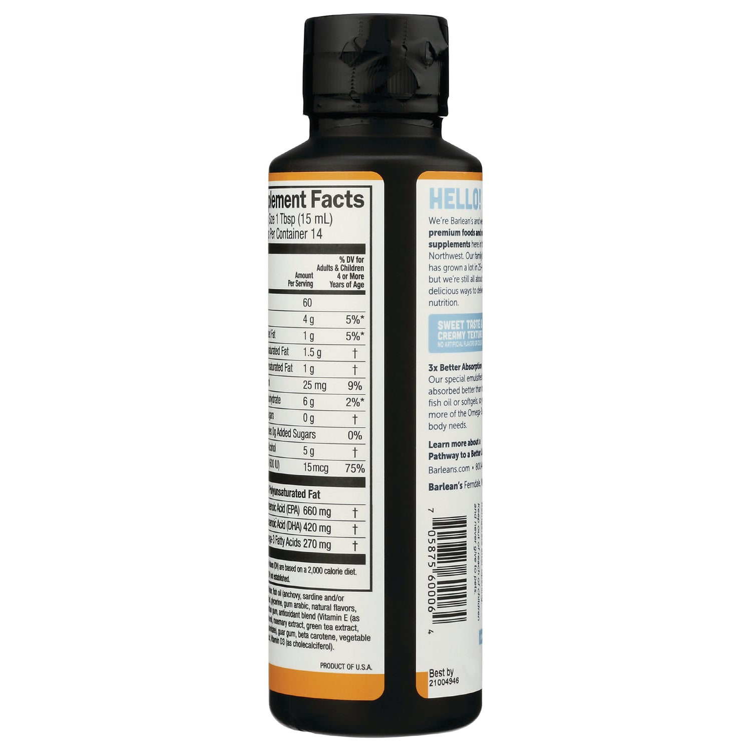 Back of black supplement bottle showing nutrition facts panel, ingredients text and barcode