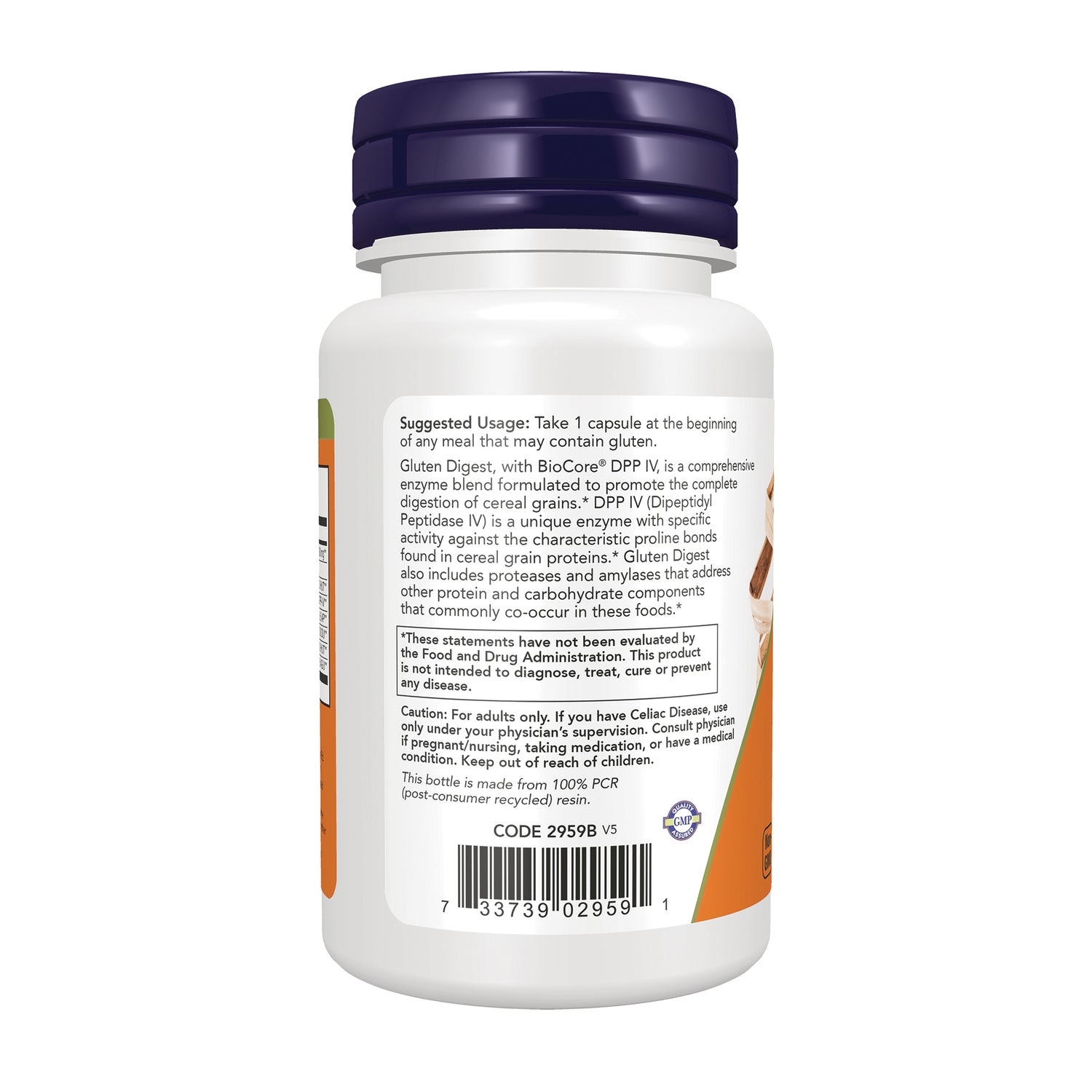 NWF751 | Back of white supplement bottle with purple cap showing suggested usage, caution text, CODE 2959B and barcode