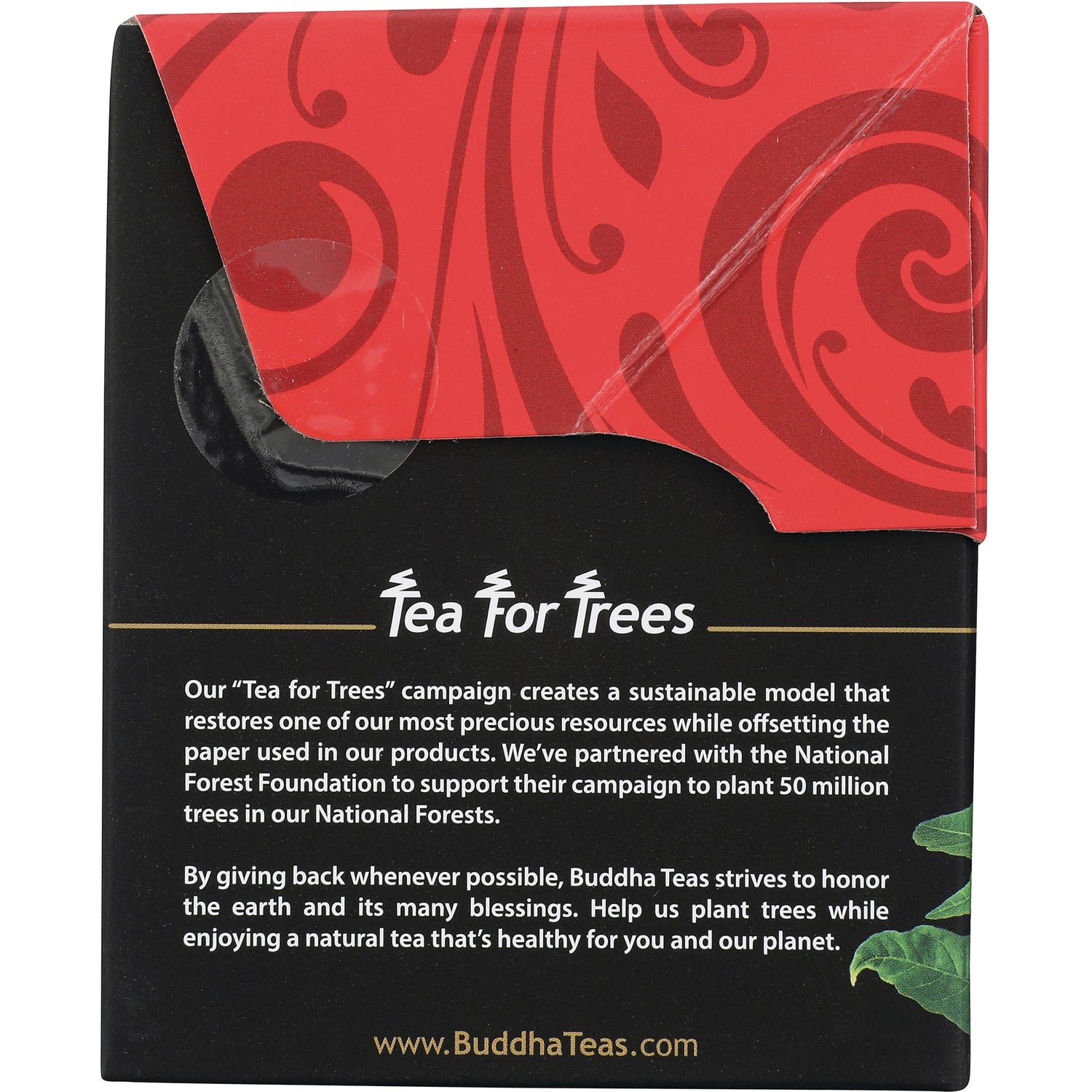 BUD015 | back of Buddha Teas box showing Tea For Trees campaign text and www.BuddhaTeas.com