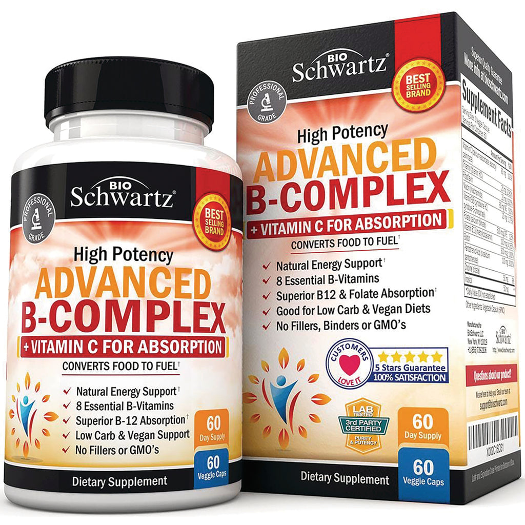 BSZ022 | BioSchwartz Advanced B-Complex bottle and box front label, 60 veggie caps, vitamin C for absorption - Thumbnail
