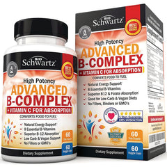 BSZ022 | BioSchwartz Advanced B-Complex bottle and box front label, 60 veggie caps, vitamin C for absorption