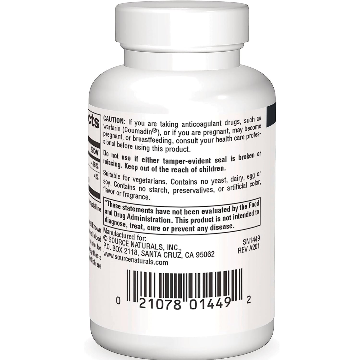 SN606 | Back of Source Naturals supplement bottle with caution details, vegetarian info and barcode