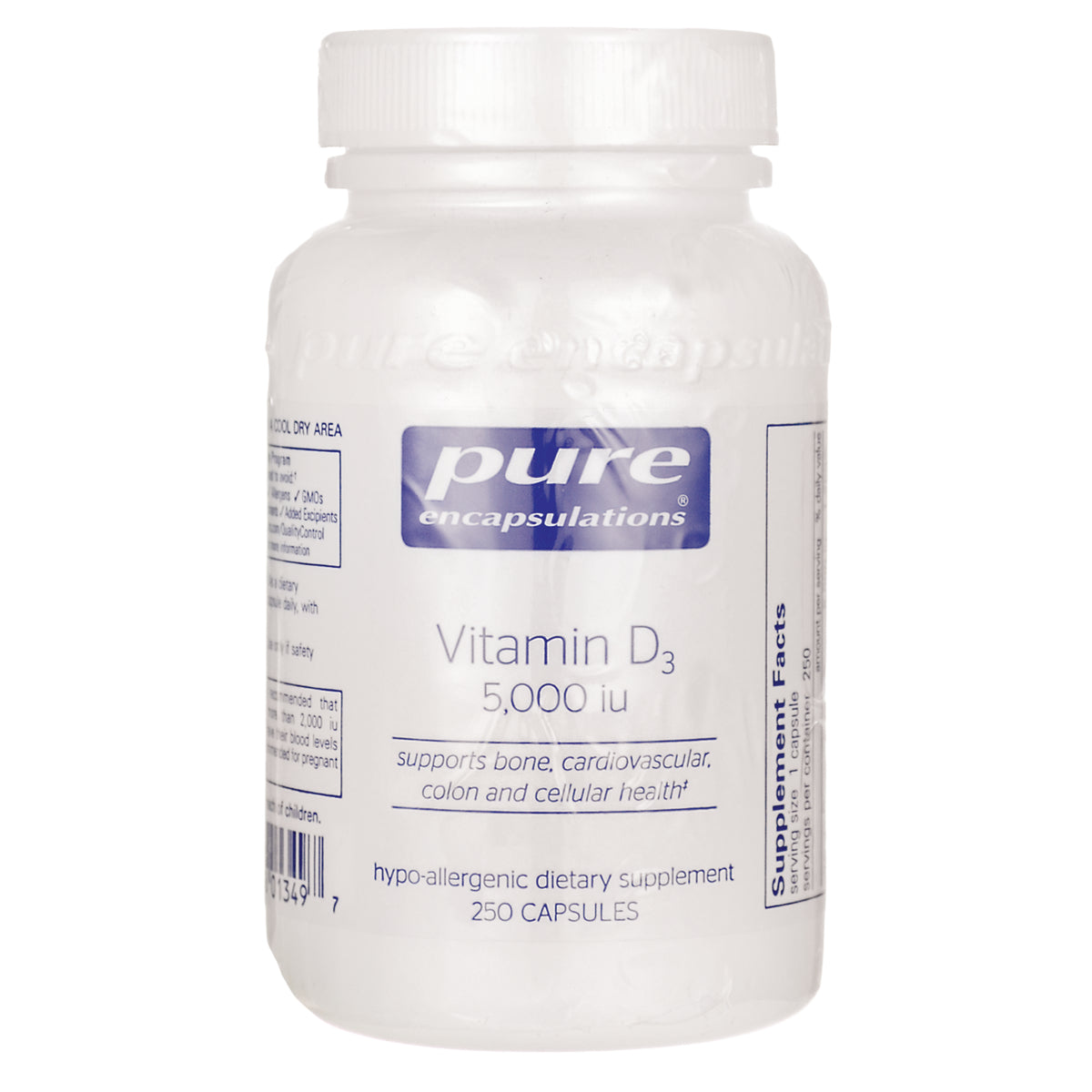 PRN094 | Pure Encapsulations Vitamin D3 5,000 iu white supplement bottle, 250 capsules