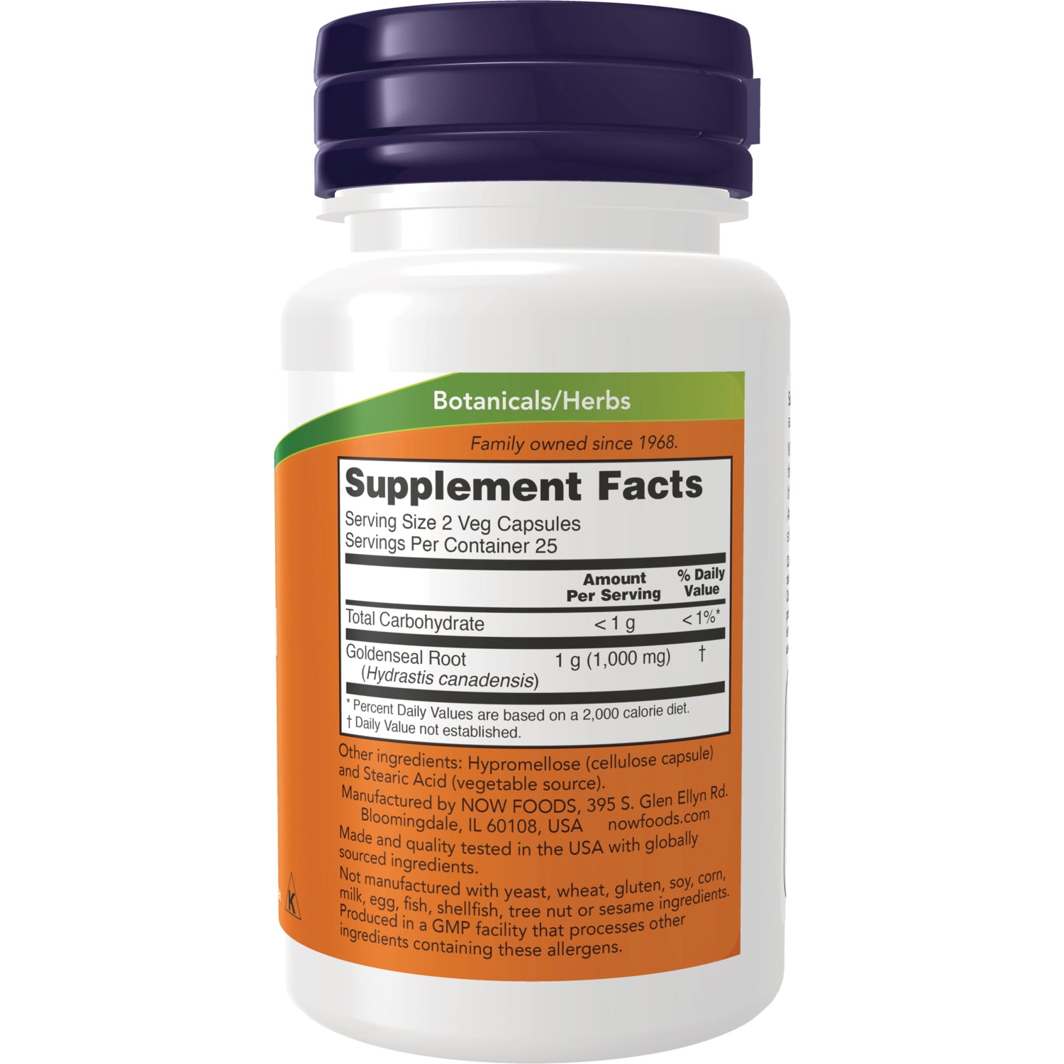 NWF399 | white supplement bottle back showing Supplement Facts label for goldenseal root and ingredients