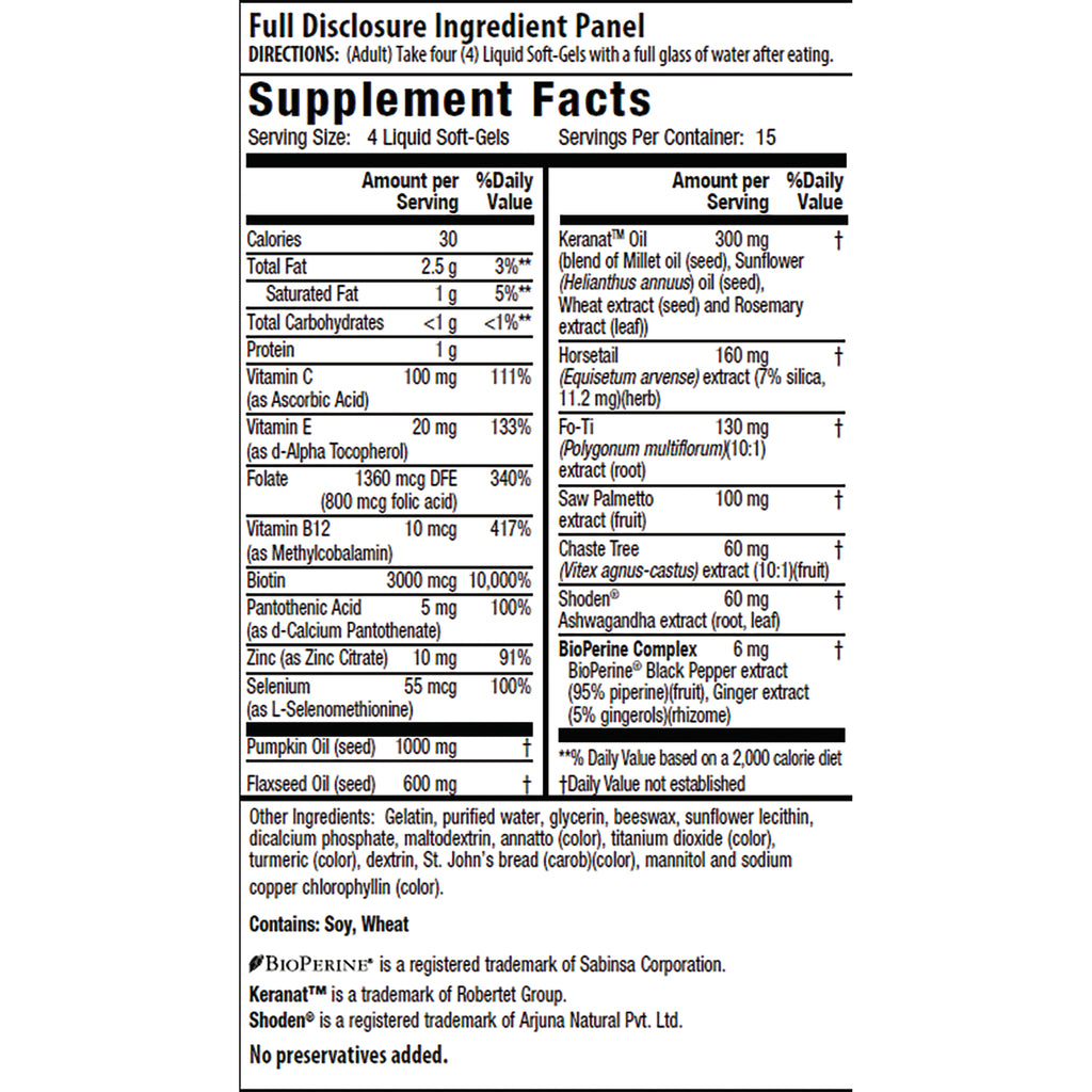 Supplement Facts and full disclosure ingredient panel showing serving size, vitamins, minerals, oils, and herbal extracts - Thumbnail