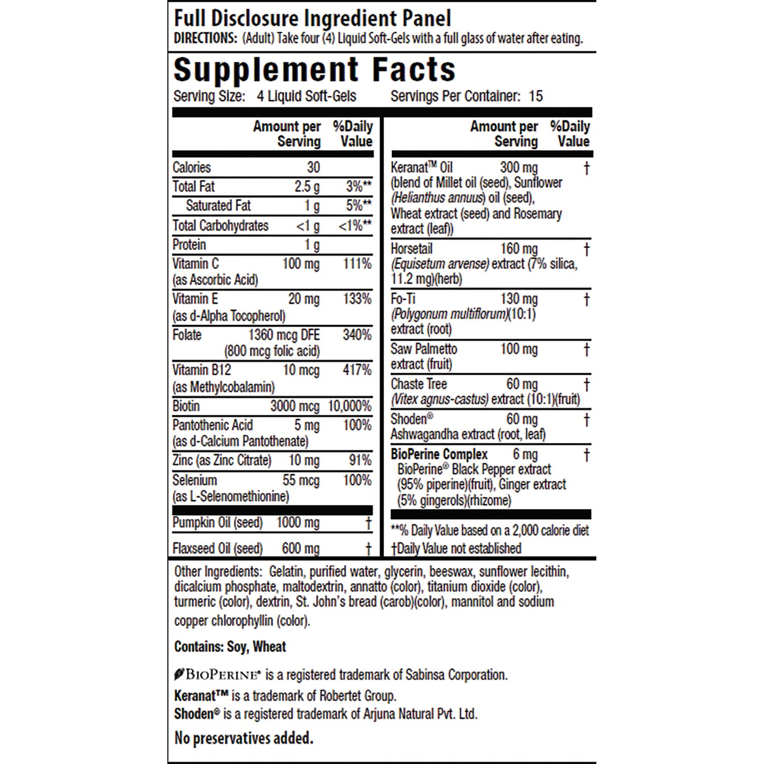 Supplement Facts and full disclosure ingredient panel showing serving size, vitamins, minerals, oils, and herbal extracts
