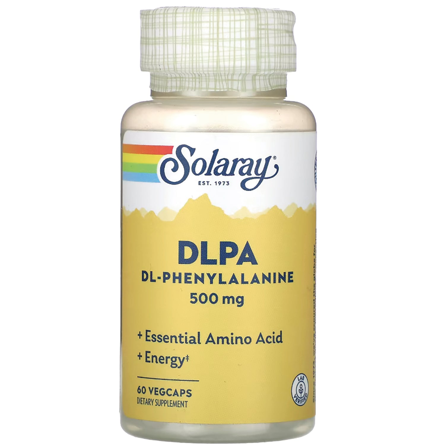 SLR345 | Solaray DLPA DL-Phenylalanine 500 mg yellow supplement bottle, 60 vegcaps
