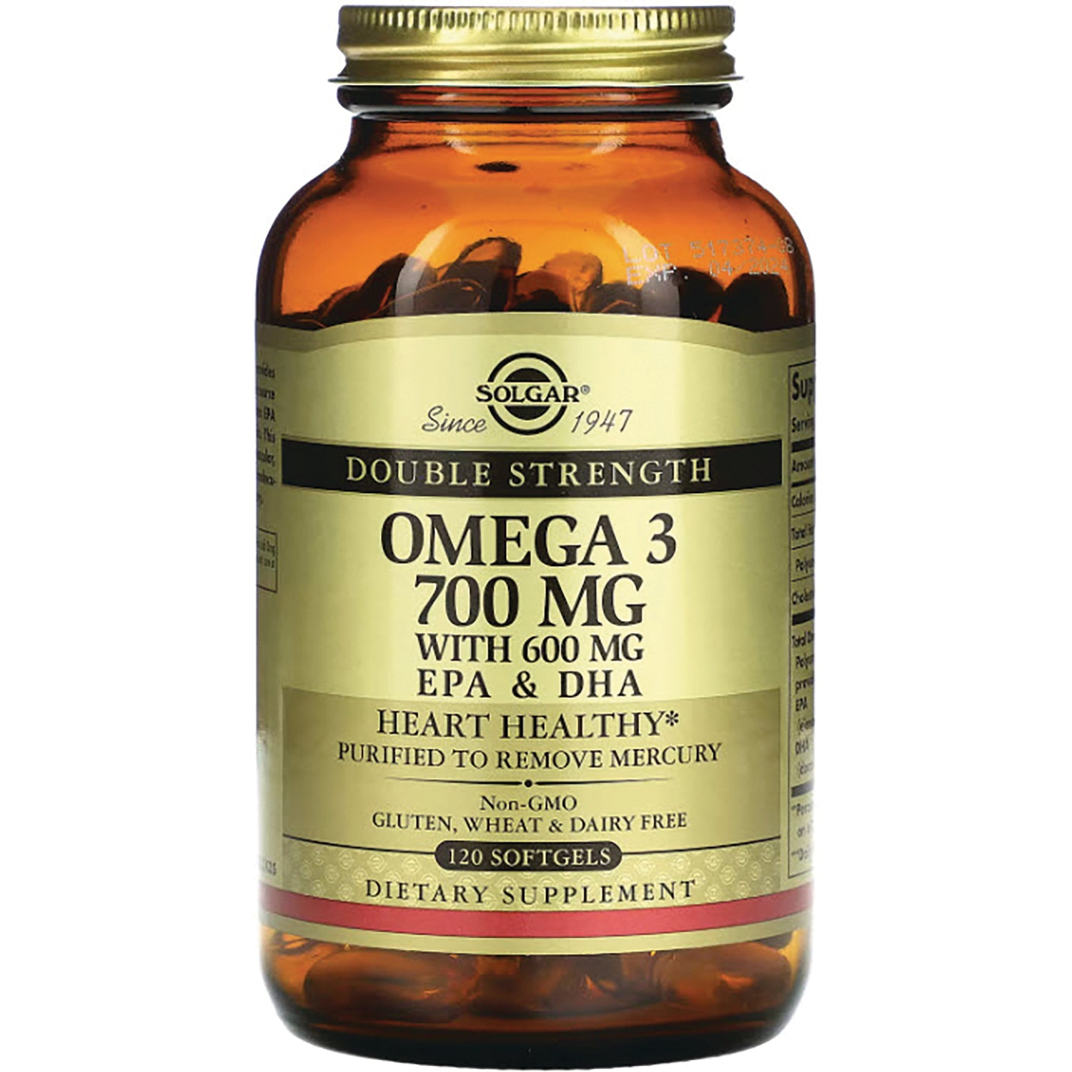 SLG235 | Solgar Double Strength Omega 3 700 mg bottle, 120 softgels amber jar