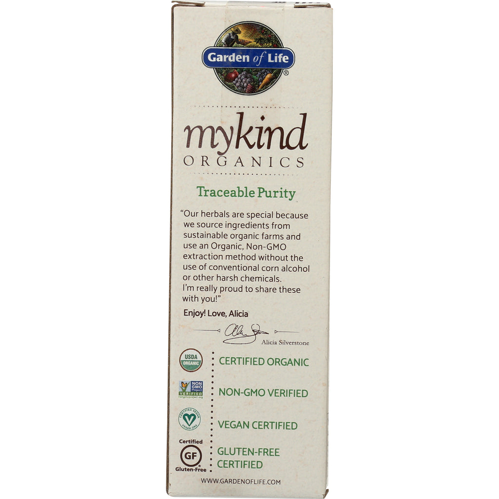 GLF261 | Back of mykind Organics box showing Traceable Purity text and certifications: USDA Organic, Non-GMO, Vegan, Gluten-Free - Thumbnail