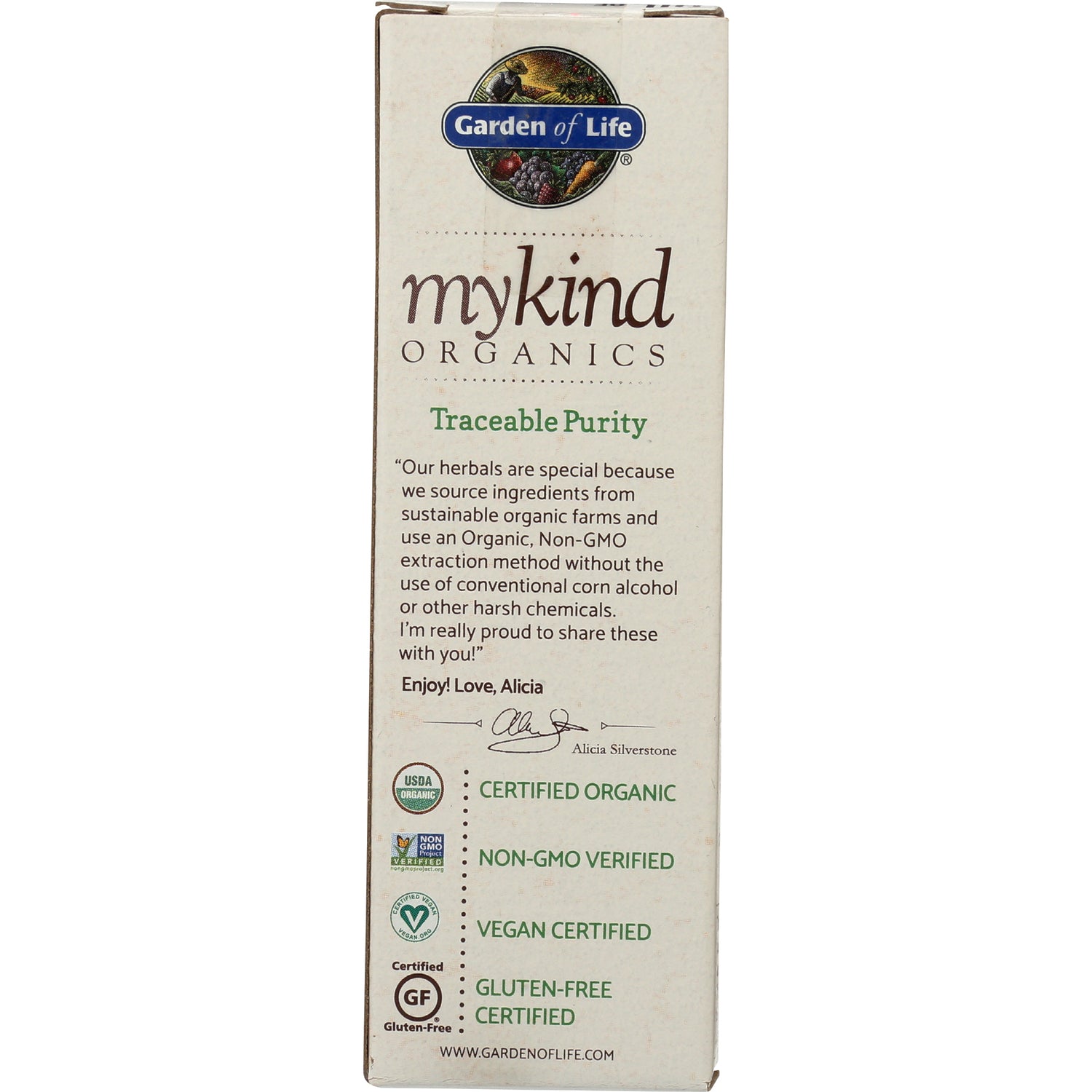 GLF261 | Back of mykind Organics box showing Traceable Purity text and certifications: USDA Organic, Non-GMO, Vegan, Gluten-Free