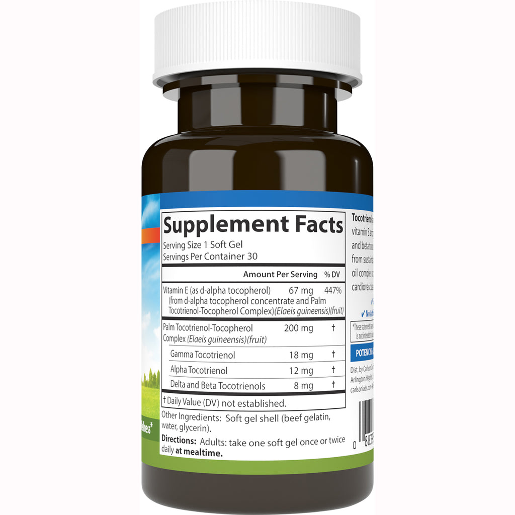 CSN184 | Back of brown supplement bottle showing Supplement Facts label with vitamin E and tocotrienol amounts - Thumbnail