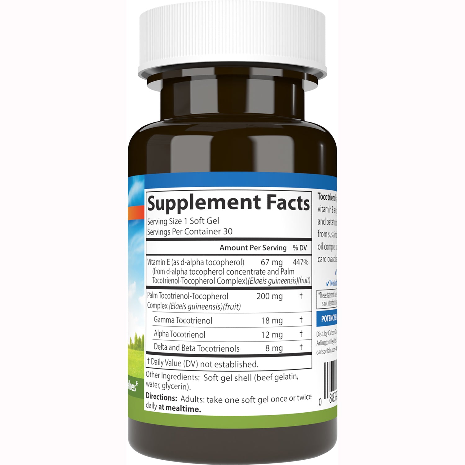 CSN184 | Back of brown supplement bottle showing Supplement Facts label with vitamin E and tocotrienol amounts