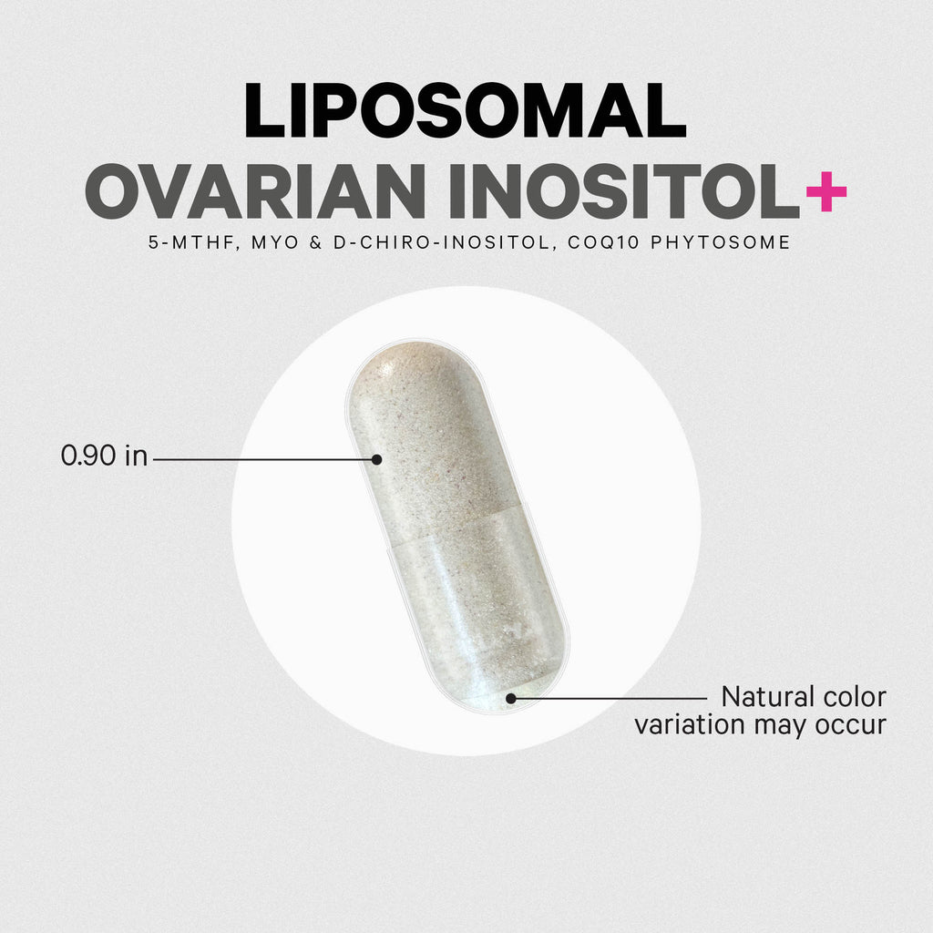 CDG045 | Liposomal Ovarian Inositol+ capsule infographic with 0.90 in size and natural color variation note - Thumbnail