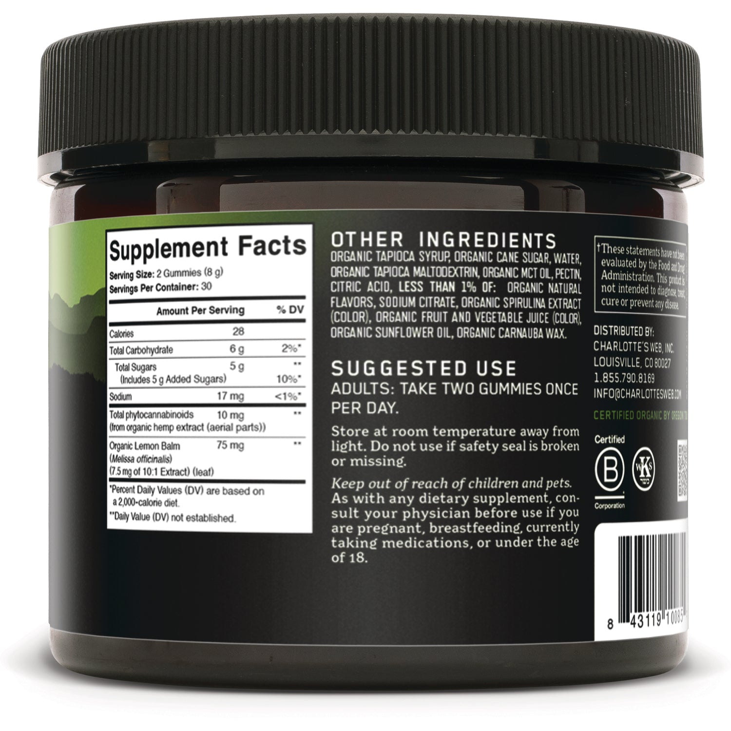 CHW015 | back label of supplement jar showing Supplement Facts, other ingredients, suggested use and barcode