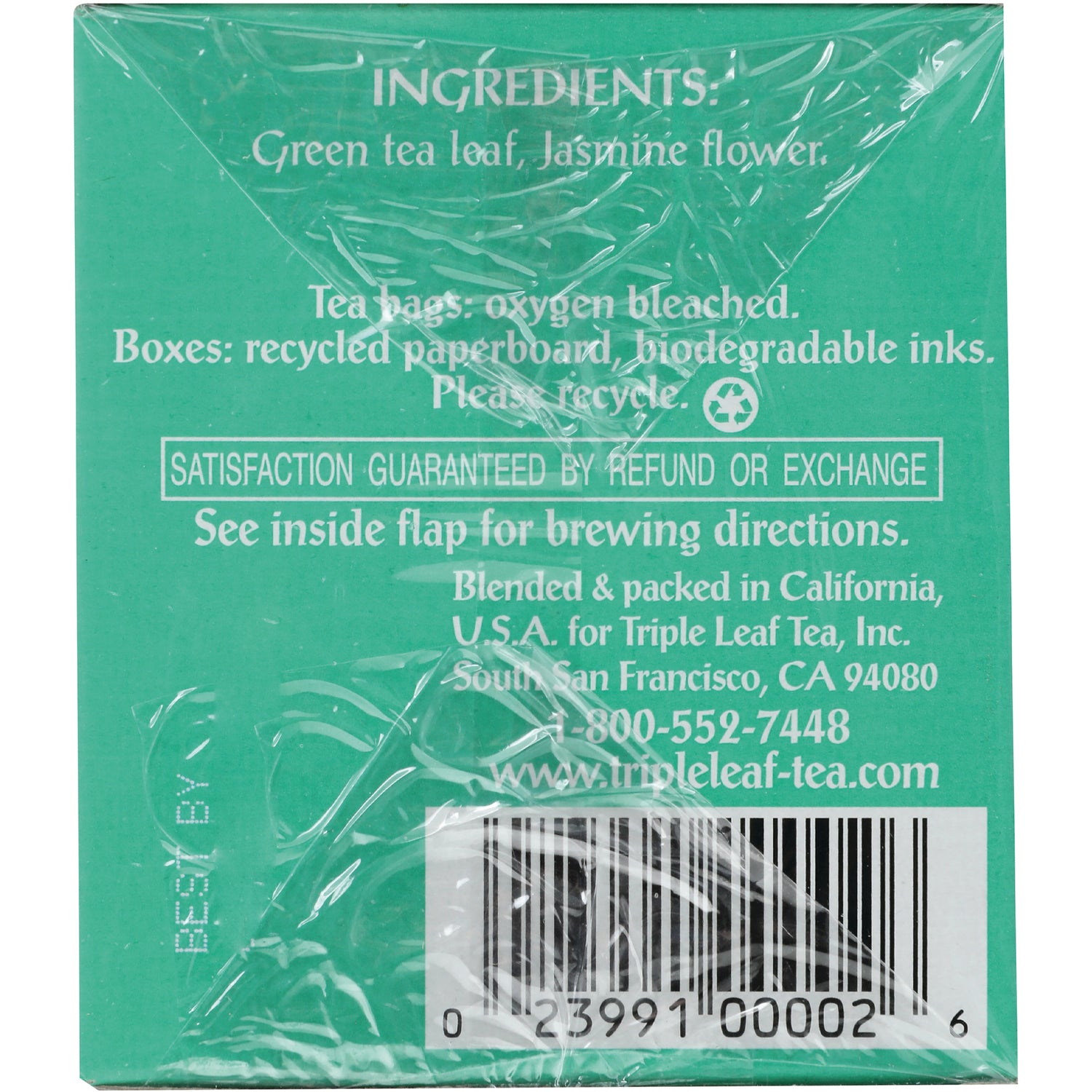 TLT005 | Back panel with ingredients Green tea leaf, Jasmine flower, recycle icon, satisfaction guarantee, barcode