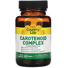 CRL023 | Amber supplement bottle labeled Country Life CAROTENOID COMPLEX 60 Softgels dietary supplement