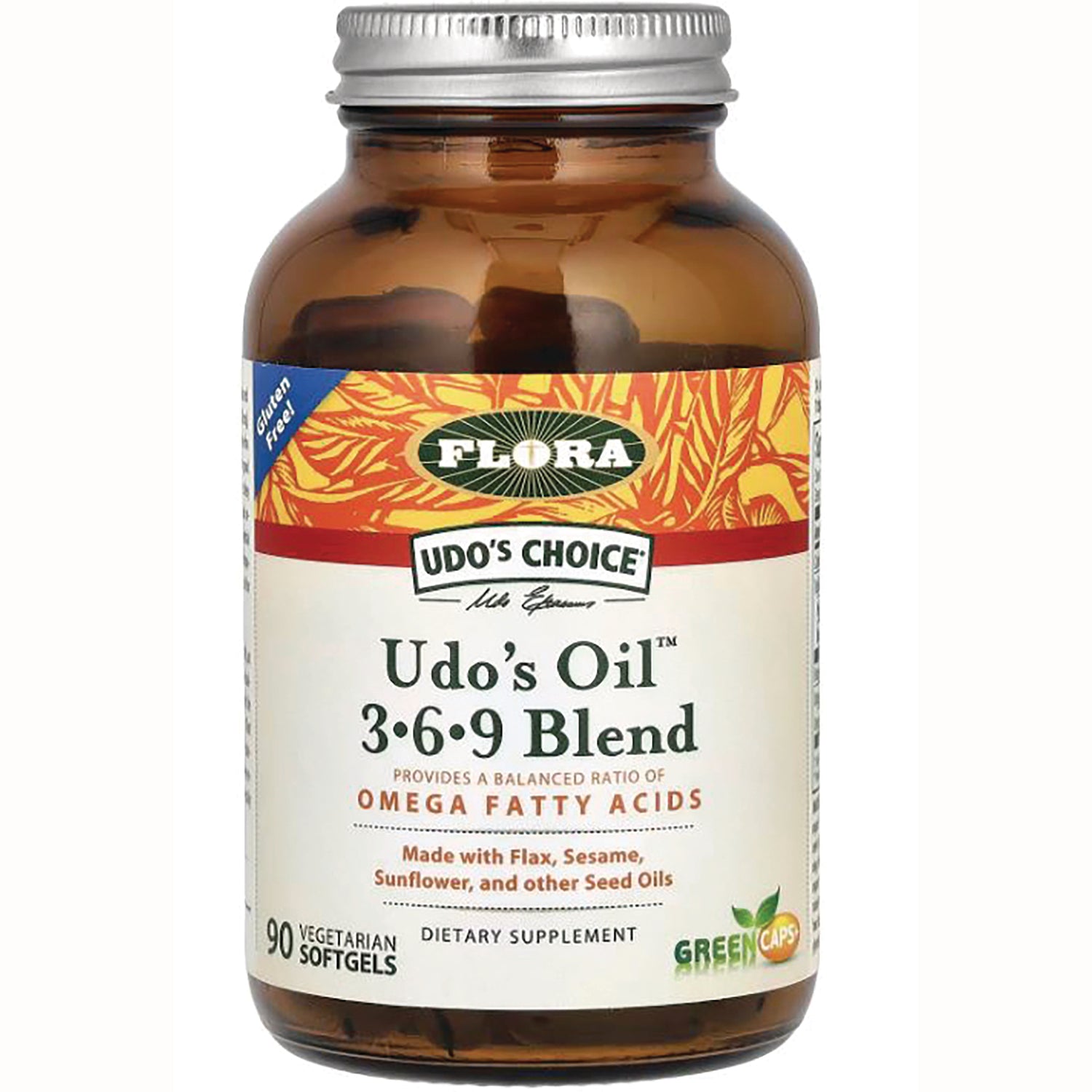 FL018 | Amber bottle of Udo's Oil 369 Blend dietary supplement labeled 90 vegetarian softgels
