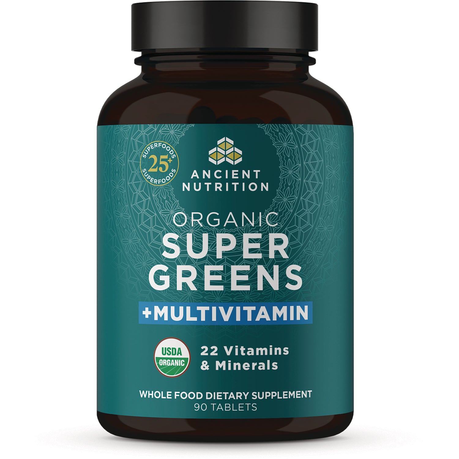 ATN115 | Ancient Nutrition Organic Super Greens +Multivitamin bottle, USDA Organic, 90 tablets