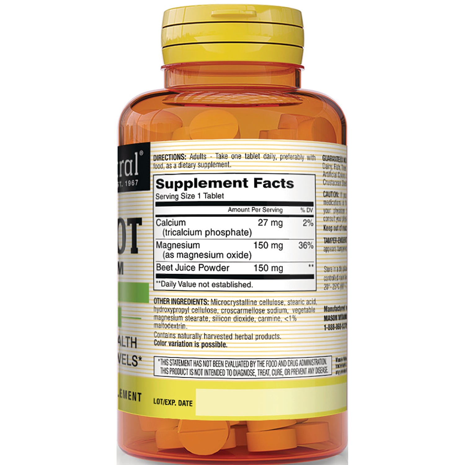 MSN057 | back label showing Supplement Facts panel listing Calcium 27 mg, Magnesium 150 mg and Beet Juice Powder 150 mg