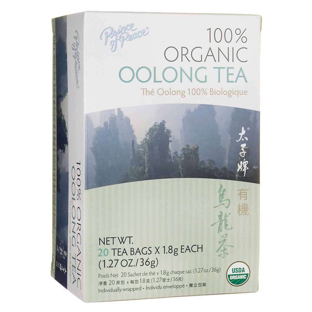 POP033 | Prince of Peace 100% Organic Oolong Tea box front packaging showing 20 tea bags and USDA Organic seal