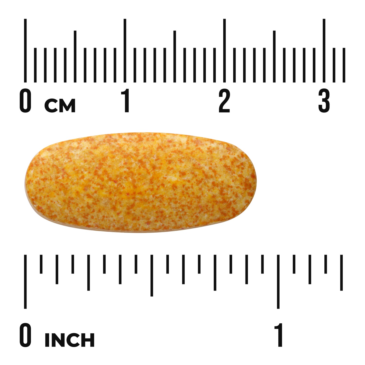 SW1689 | Oblong speckled orange tablet with centimeter and inch rulers for size reference