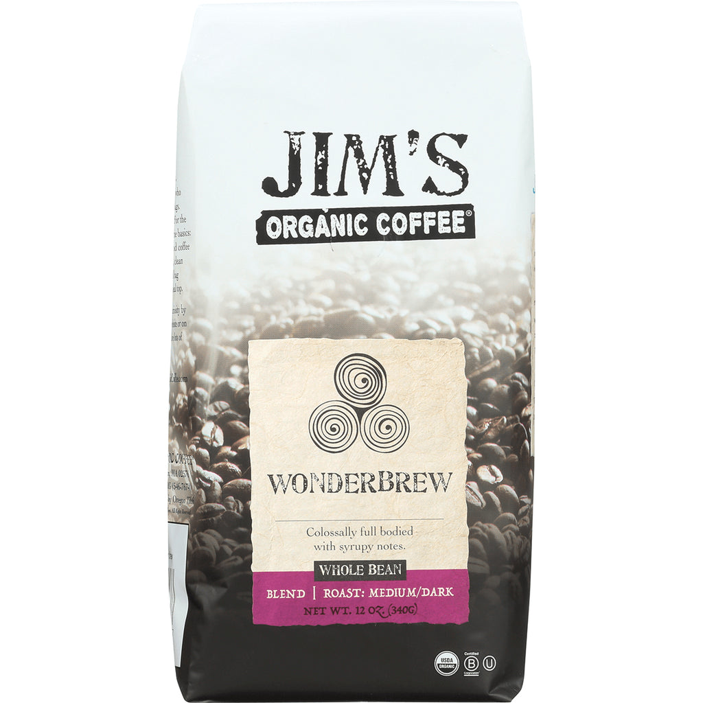 JOC012 | Jim's Organic Coffee Wonderbrew whole bean 12 oz bag, medium/dark roast packaging - Thumbnail