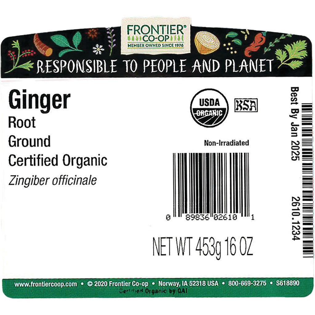 FNP040 | Back label for Frontier Co-op ground ginger root certified organic with barcode and NET WT 453g 16 OZ - Thumbnail