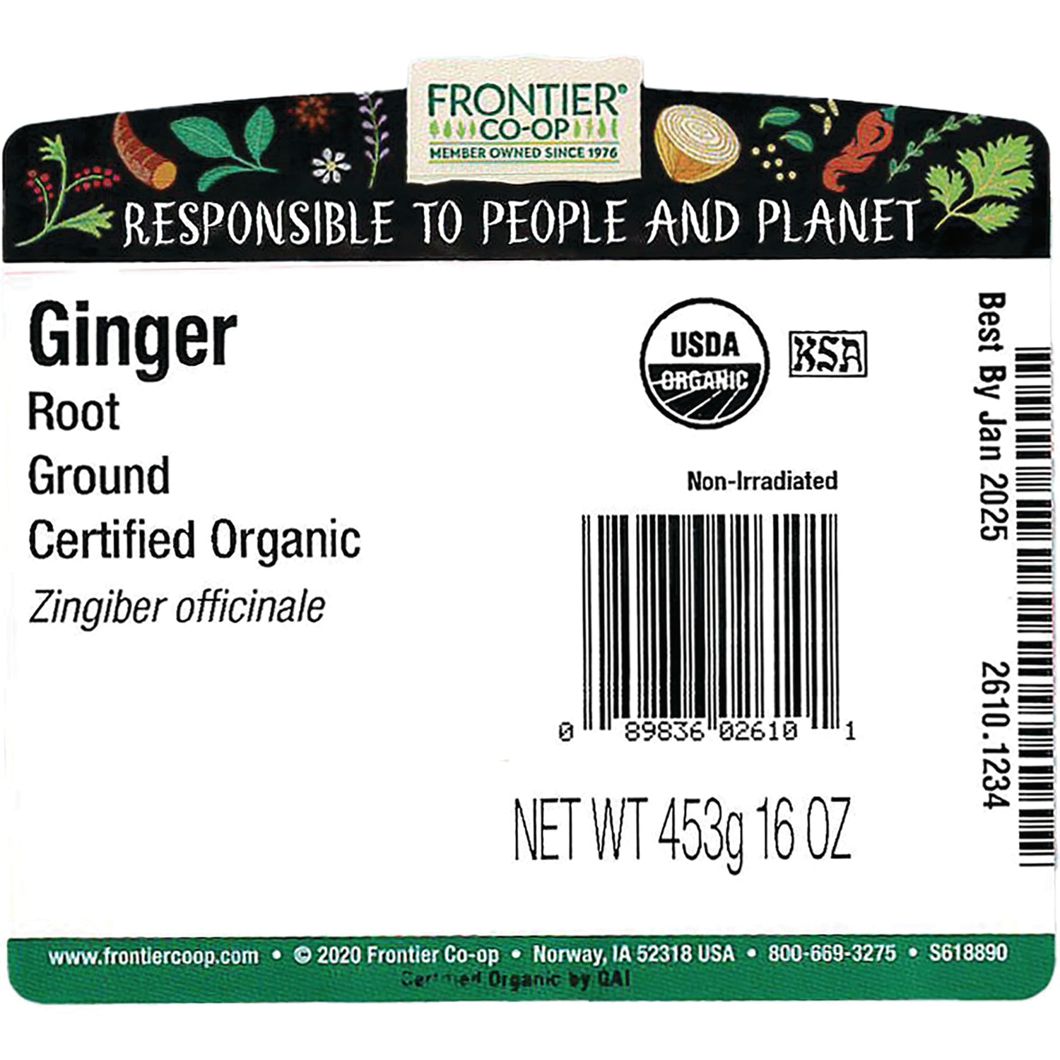 FNP040 | Back label for Frontier Co-op ground ginger root certified organic with barcode and NET WT 453g 16 OZ