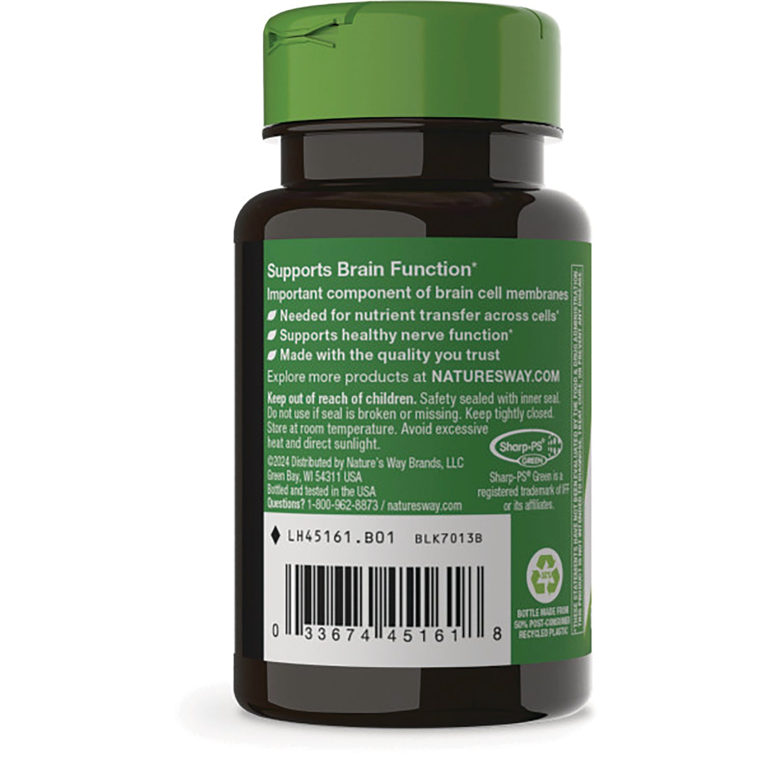 NW391 | back of brown supplement bottle with green label reading Supports Brain Function and visible barcode