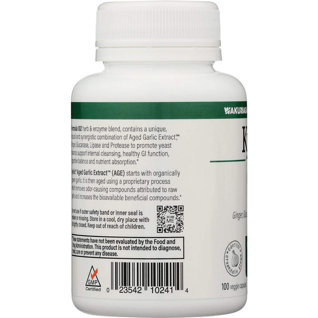 KY100 | Back label of white supplement bottle showing ingredient text, QR code and barcode - Thumbnail