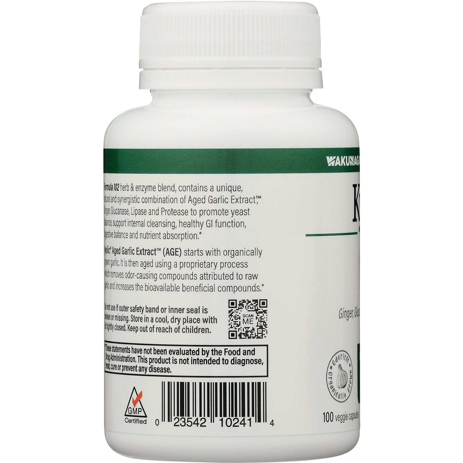 KY100 | Back label of white supplement bottle showing ingredient text, QR code and barcode