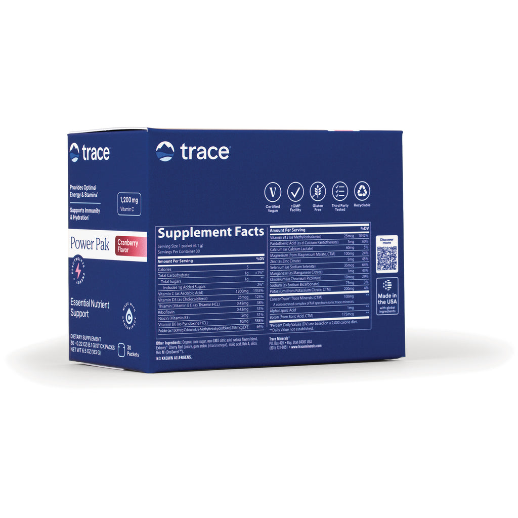TM020 | Trace Power Pak Cranberry Flavor box back showing Supplement Facts panel and certifications icons - Thumbnail