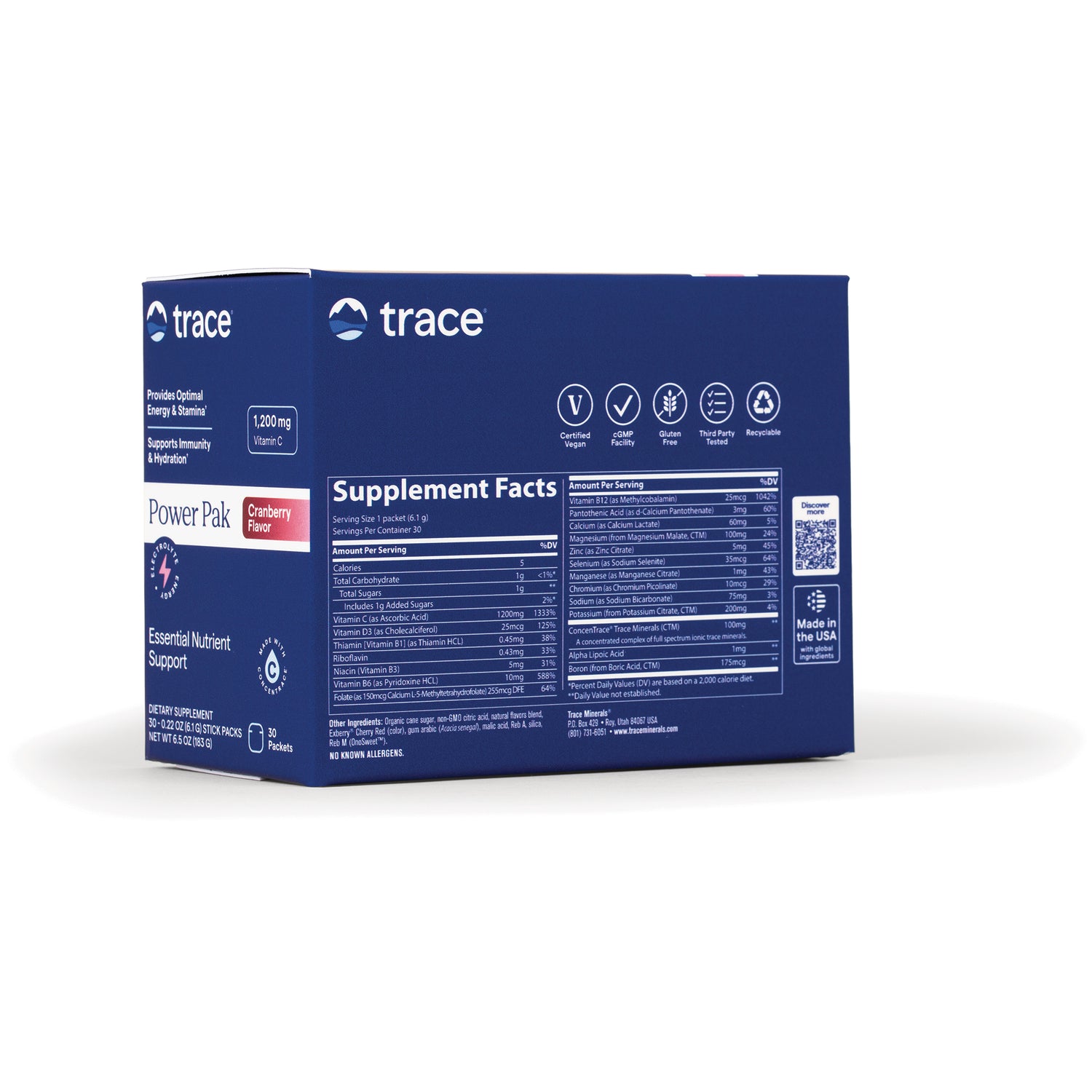 TM020 | Trace Power Pak Cranberry Flavor box back showing Supplement Facts panel and certifications icons