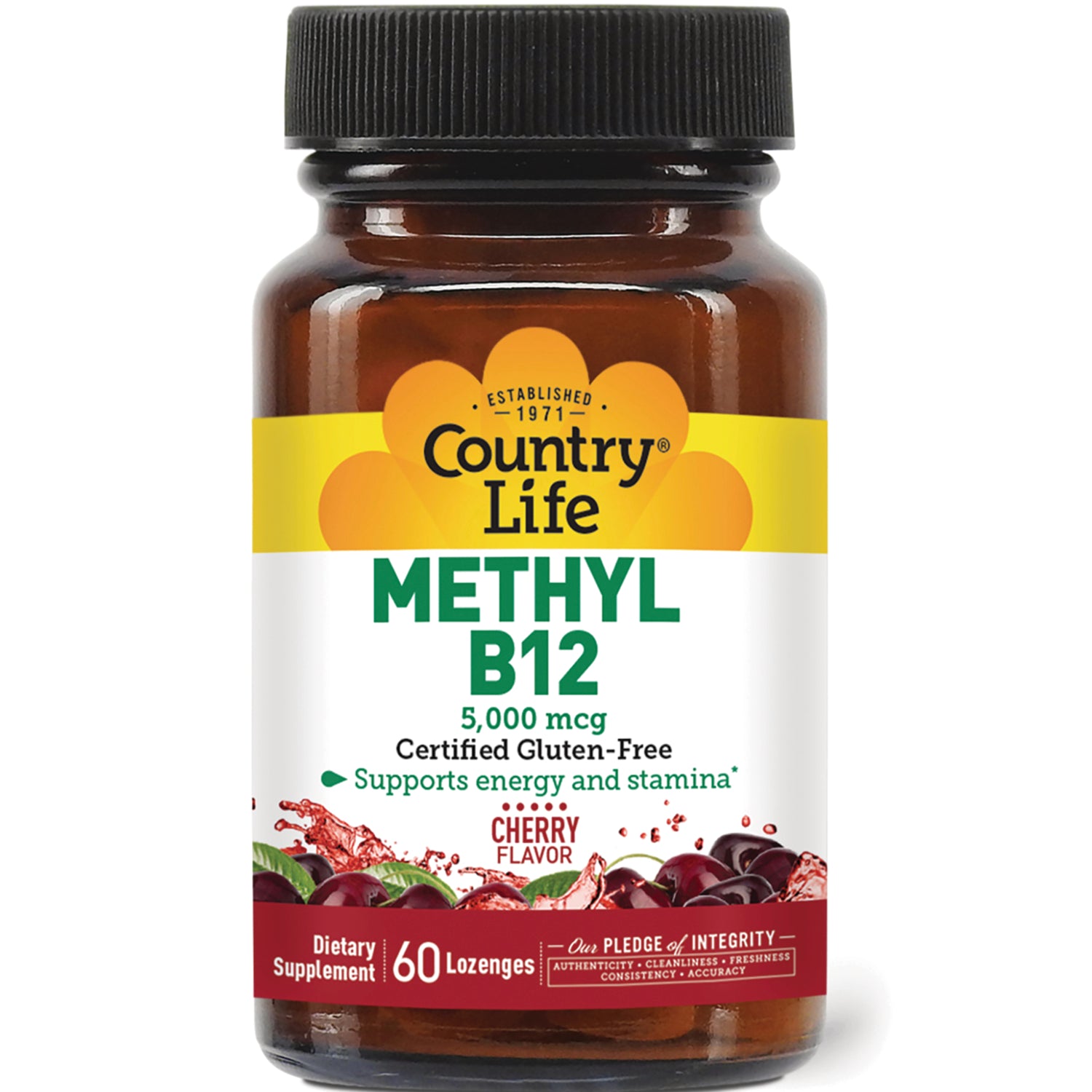 CRL596 | Country Life Methyl B12 5,000 mcg cherry flavored lozenges bottle, 60 count