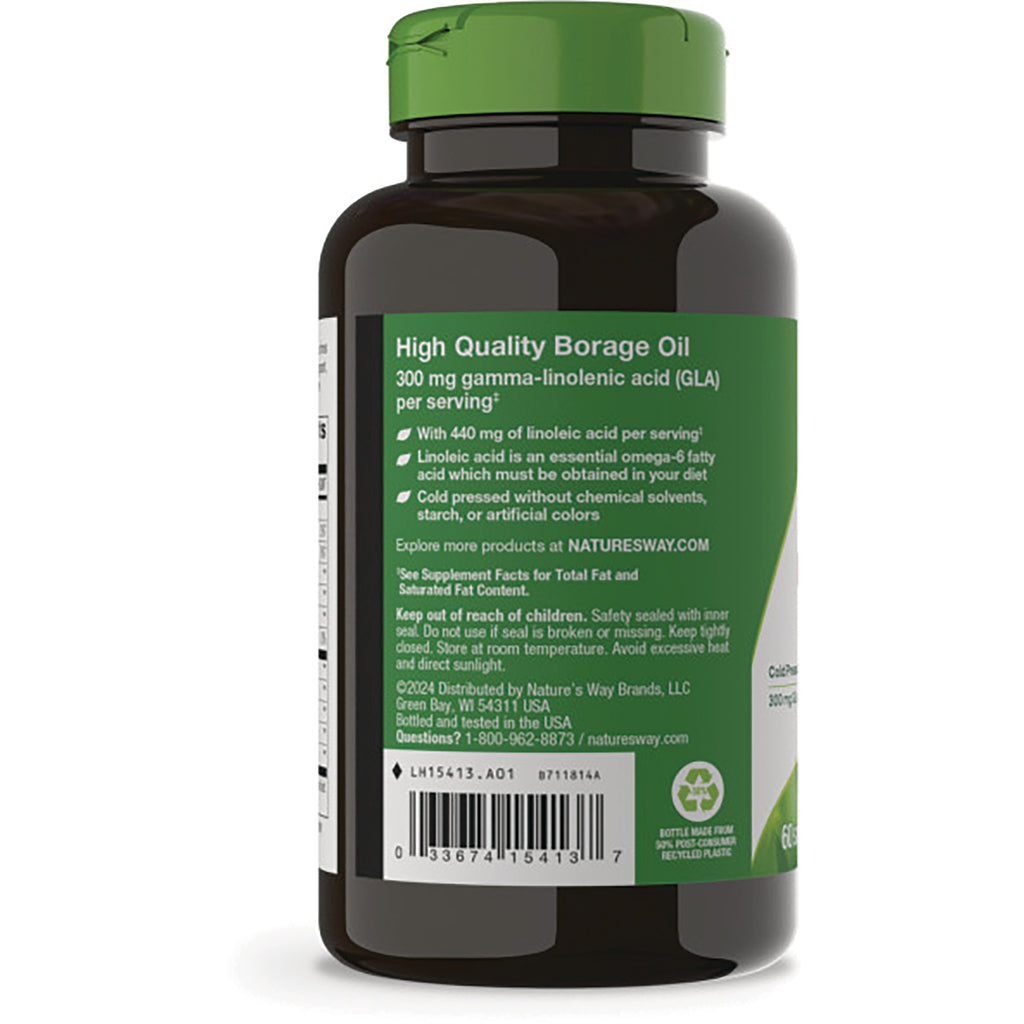 NW606 | Back label of brown supplement bottle with green cap showing High Quality Borage Oil text, warnings, and barcode - Thumbnail