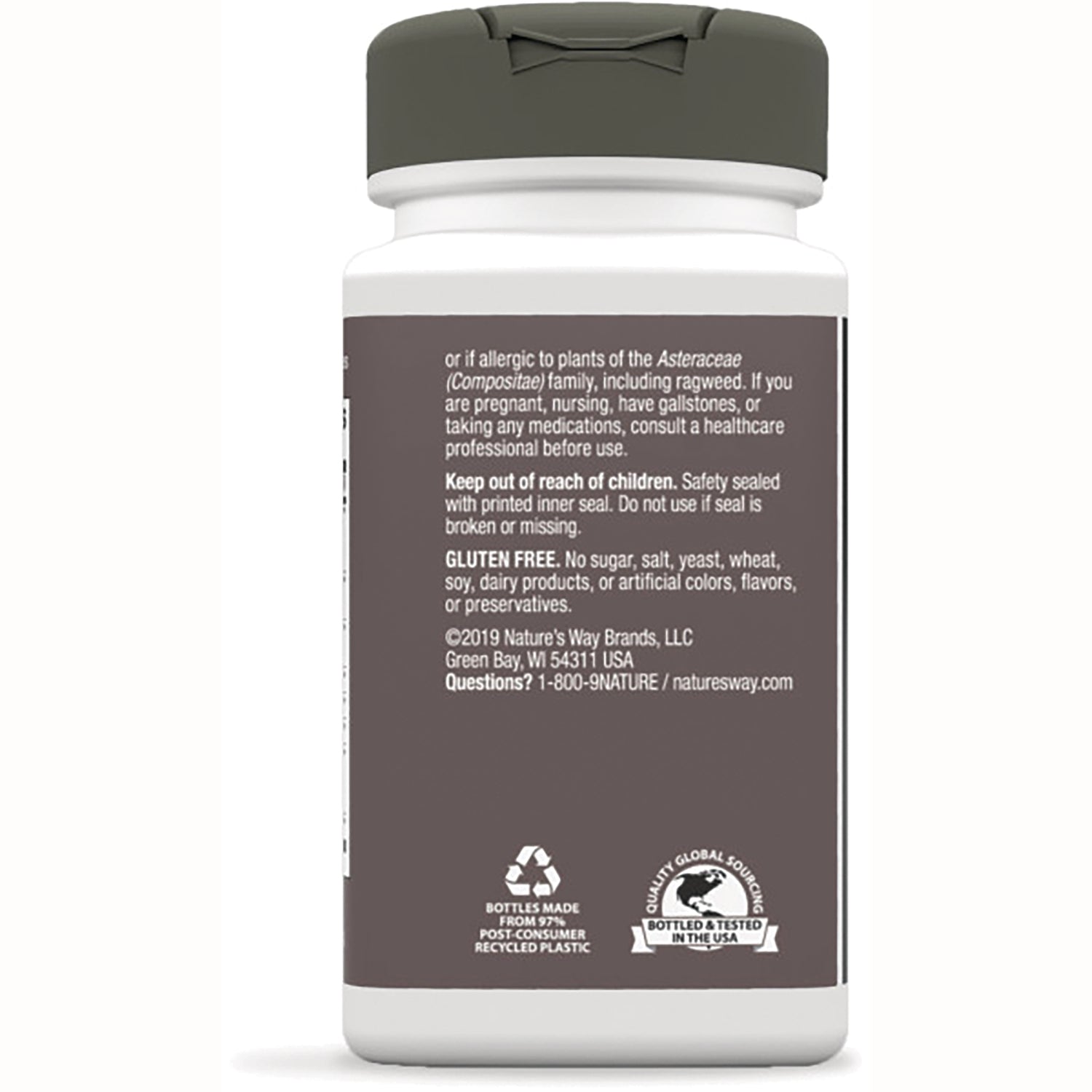 NW604 | back label of white supplement bottle showing warnings, gluten free statement and recycling and bottled in USA icons