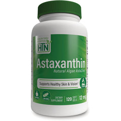 HTN008 | White supplement bottle with green Astaxanthin label reading Natural Algae AstaZine, supports healthy skin & vision, 120 softgels 12 mg