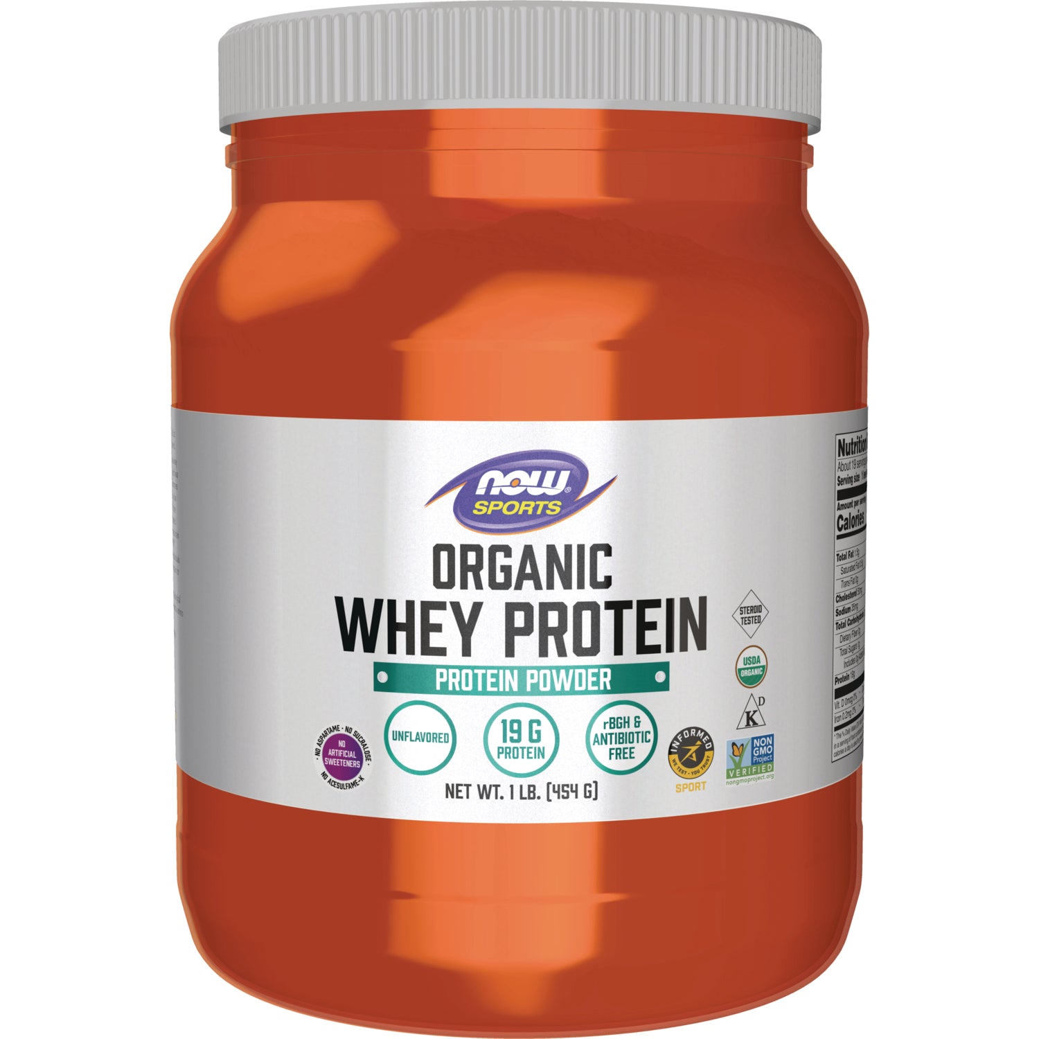 NWF969 | Orange jar of NOW Sports Organic Whey Protein powder, unflavored, 1 lb