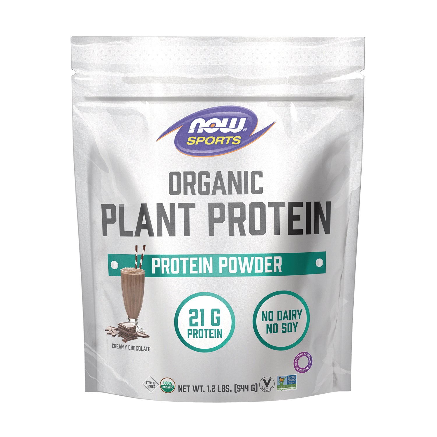 NWF1425 | NOW Sports Organic Plant Protein protein powder pouch, creamy chocolate, 21 g protein, no dairy no soy