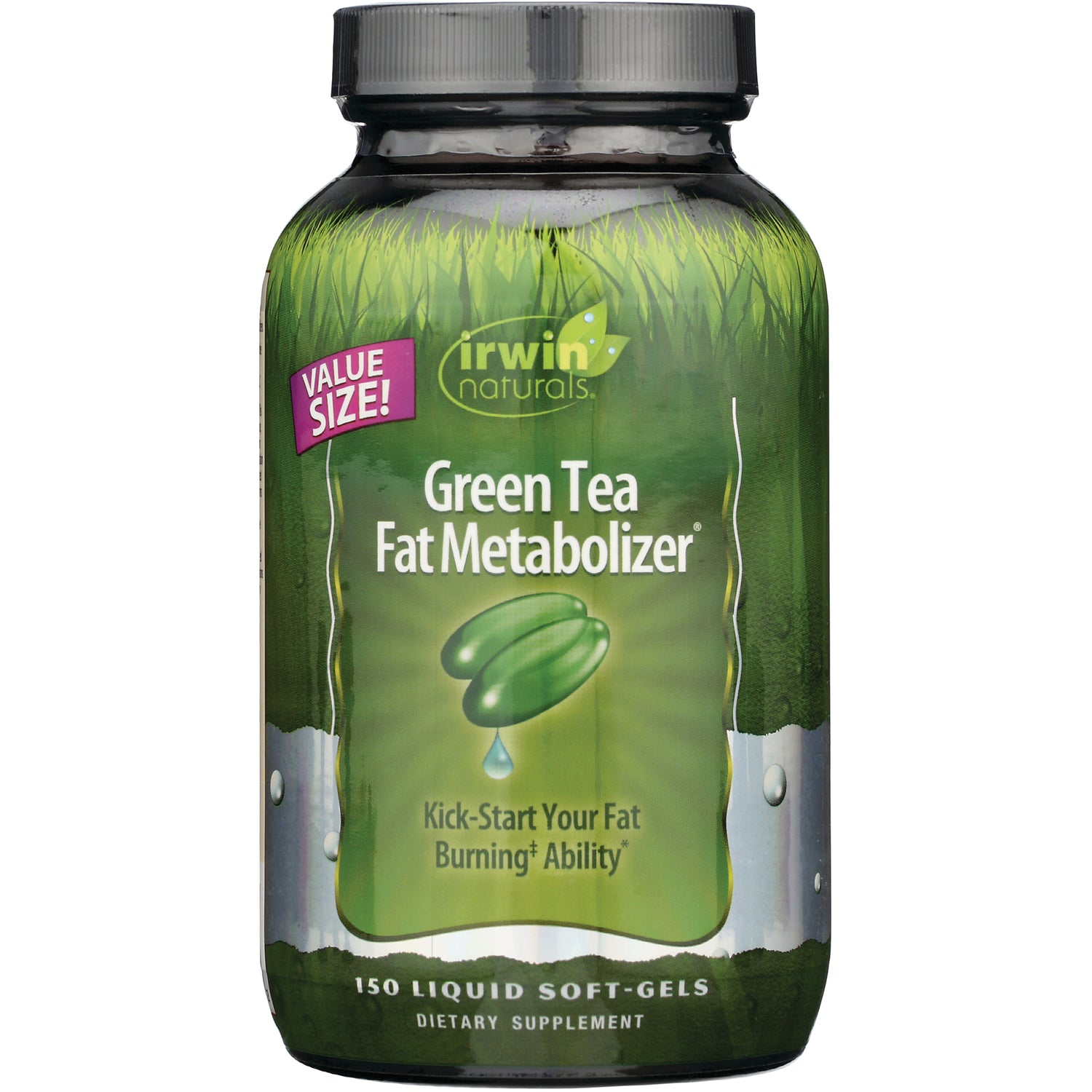 IR241 | Irwin Naturals Green Tea Fat Metabolizer supplement bottle front label, value size, 150 liquid soft-gels